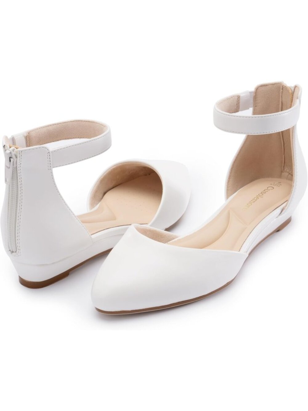 Women's Closed Toe White Flat Shoes with Low Wedge Heel Ankle Strap Pointed Flat